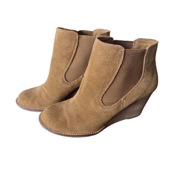Lucky Brand US Womens Sz 7.5 Yamka Tan Suede Leather Wedge Ankle Booties Fall - Picture 1 of 12